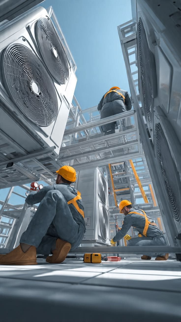 Technicians installing commercial air conditioning equipment