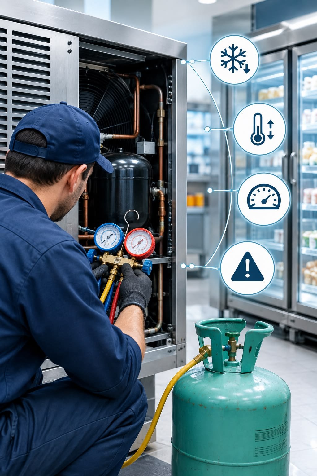 Technician maintaining commercial refrigeration equipment